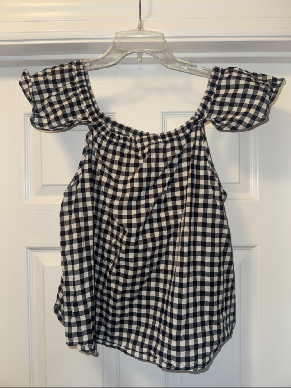 J. Crew Black and White Gingham Off-Shoulder Top